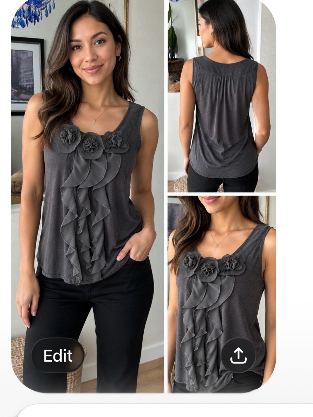 Floral Ruffle Sleeveless Top - Gray